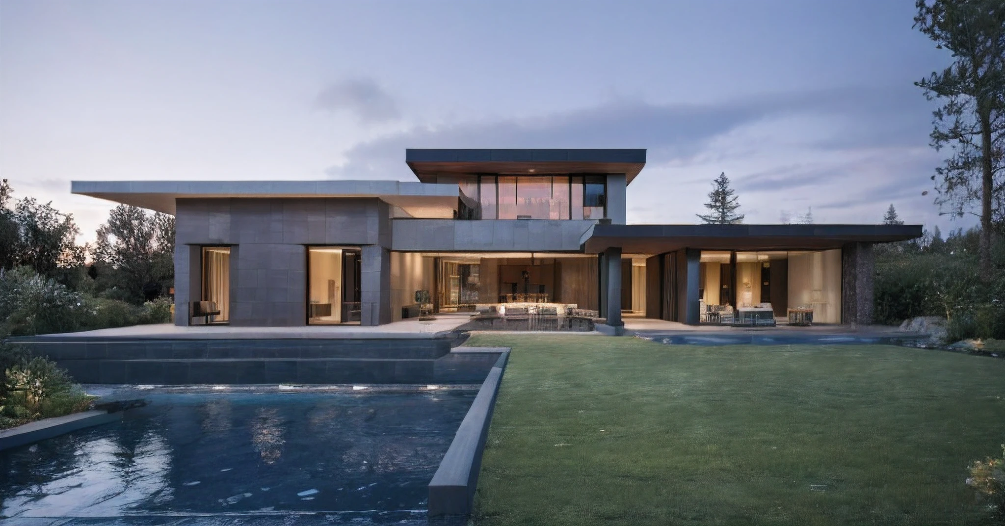 modern house, large yard, beautiful view, surrounding trees, one-story house, flat roof, large windows, wood materials, concrete and glass, glass railings, surrounded by trees, lawn , large sliding glass doors, large outdoor fireplace
sunset light, neutral colored lights, beautiful, cloudy sky, swimming pool in front of the house, landscape,plain terrain, RAW photo, subject, 8k uhd, dslr, soft lighting, high quality, film grain, Fujifilm XT3
