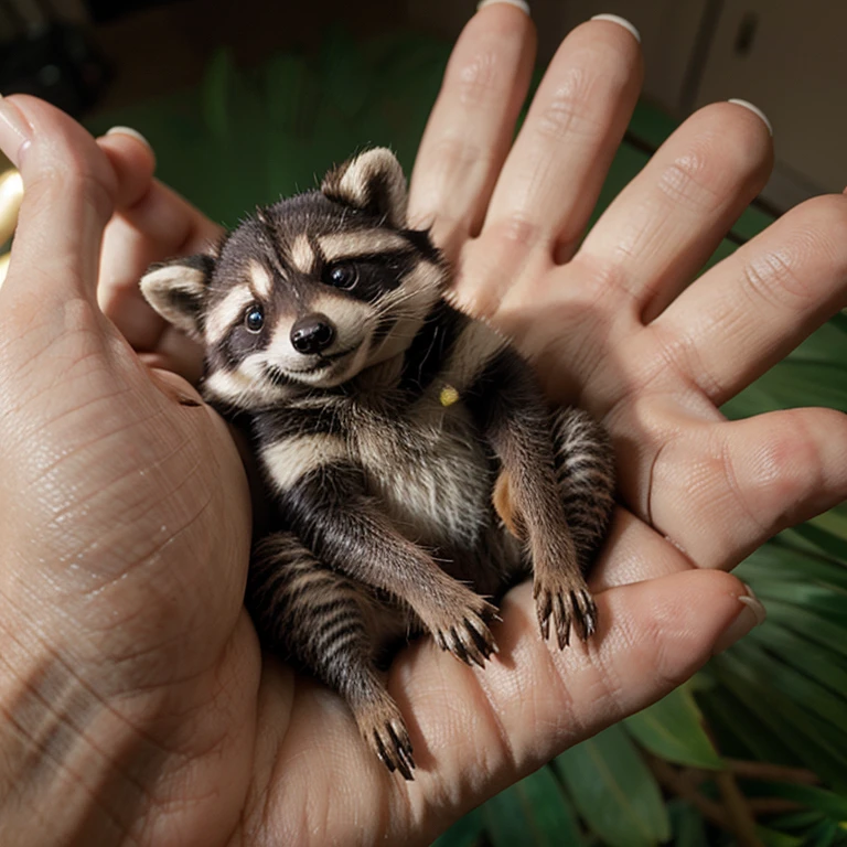 Hyper-realistic miniature of a raccoon in the palm of a human's hand'hand