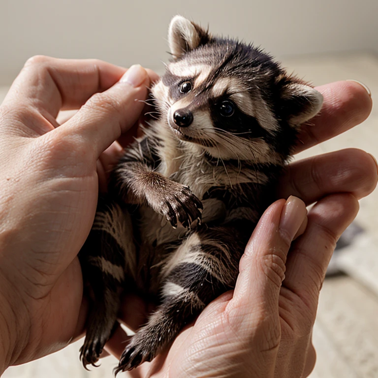 Hyper-realistic miniature of a raccoon in the palm of a human's hand'hand