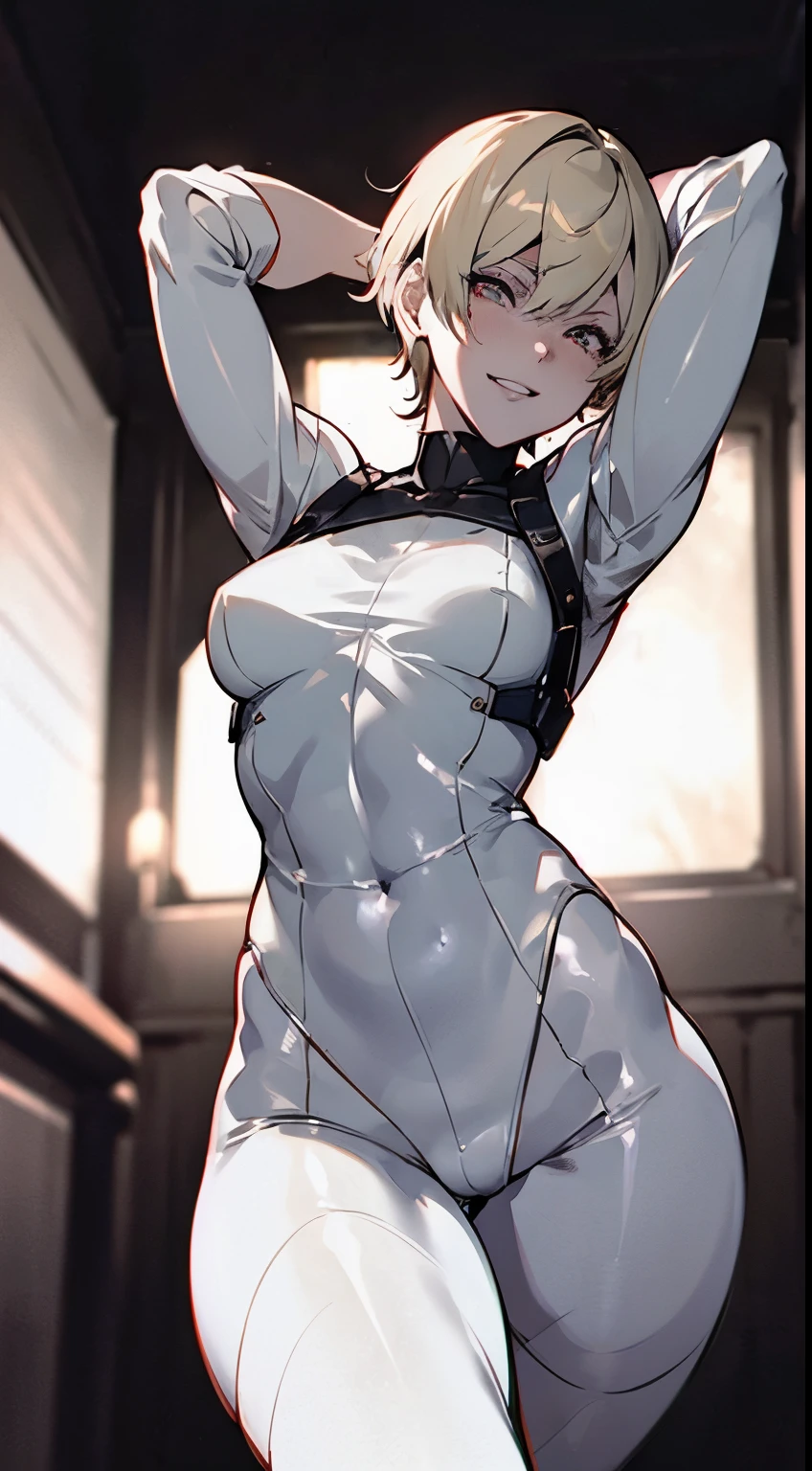 Possessed Sherry Birkin, Short blonde hair, fair skin, red eyes, evil grin, dark horror ambience, happy, admiring looks, both hands behind head, slender body, in a laboratory, wearing white skintight suit