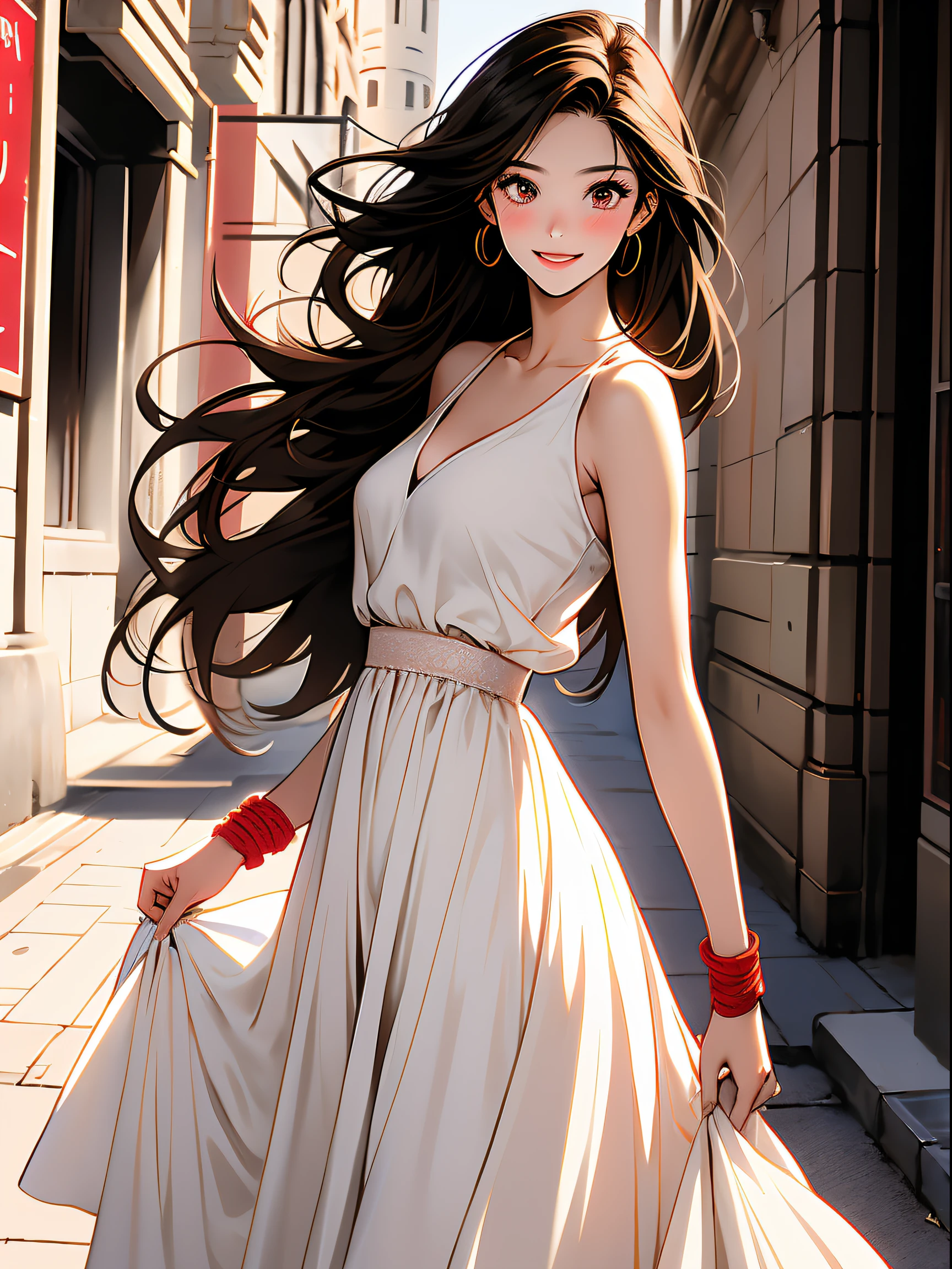 1个Giant Breast Girl,Brown hair,(dark red eye:0.9),Brown hair long,Elongated eyes,k hd,big breasts beautiful,a white long skirt,(Affectionate:1.2),long_a skirt,The upper part of the body,Be red in the face,the street,in the early morning,ssmile,He wears a red rope on his hand,
