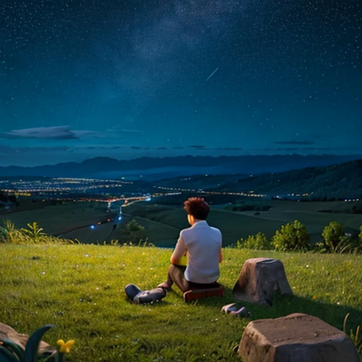 A young man sitting on his knees and looking into the distance。Starry sky。Alone