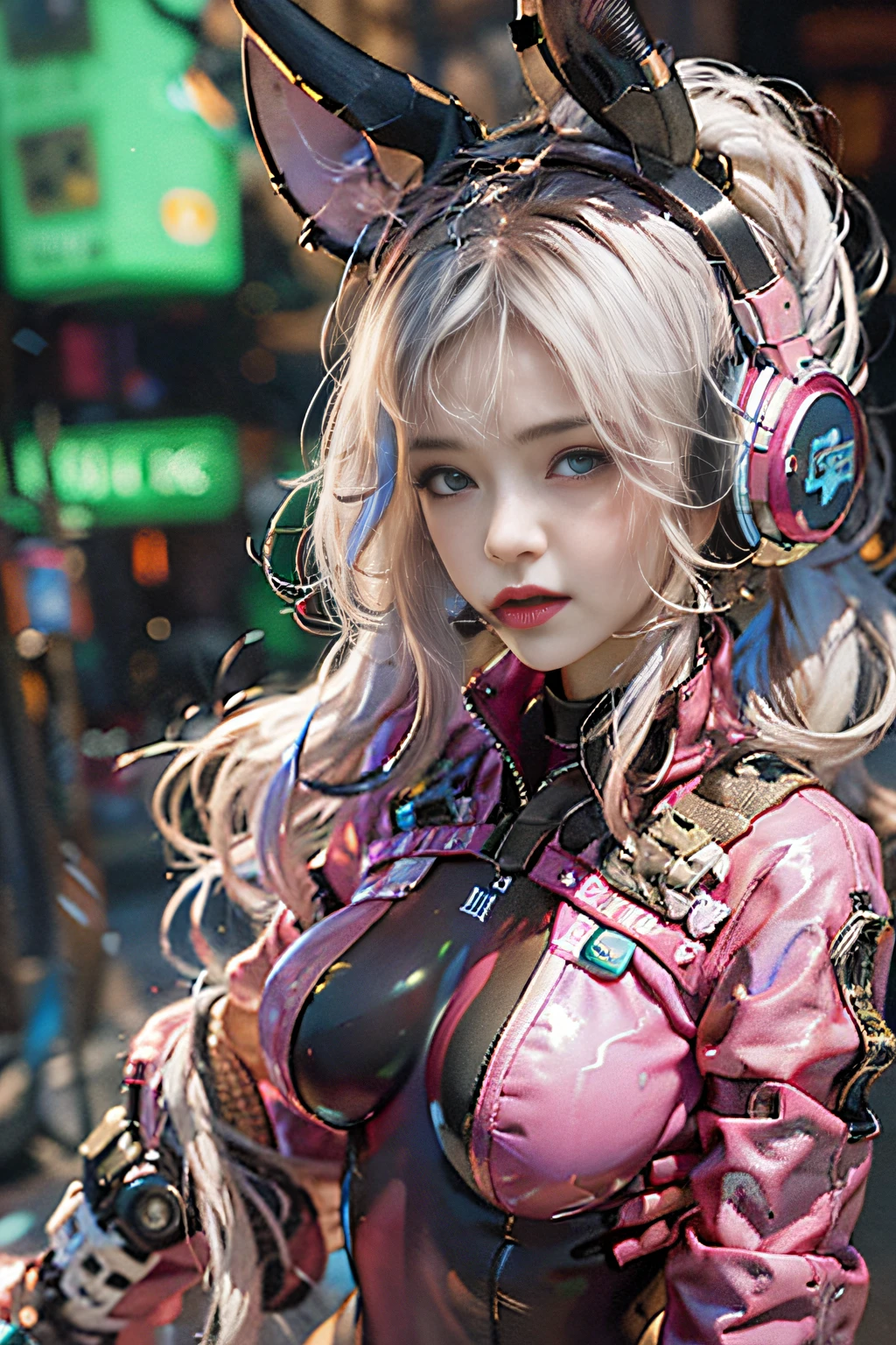 (RAW photo, Best quality, Mastery:1.2), (Realistic, photo-realistic:1.4),(Masterpiece:1.4),(Best quality:1.4),1girll, Solo, :D, Ear headphones, Animal ears, Arms up,By bangs,Be red in the face,Tights,nedium breasts,rabbit pose,Clothes writing,Cover the navel,cowboy lens,Cropped jacket,Fake animal ears,mitts,exteriors,Morning,Yuki,hair intakes,Earphone,impossible bodysuit,Impossible clothes,jaket,large tities,latex,Latex tights,long whitr hair,longer sleeves,looking at viewert,large tities,Multicolored gloves,with her mouth open,Pink tights,Pink eyes,Red eyes,Red jacket,shinning clothes,shrugged shoulders\(The clothes ar\),side locks , tight-fitting, Smile with, Thigh crevices, upper legs, dual horsetail, Very long hair, whitegloves, White hair, Alice\(Nikke\),(Shiny skin), realisticlying, squatting pose, V-gesture, Legs open