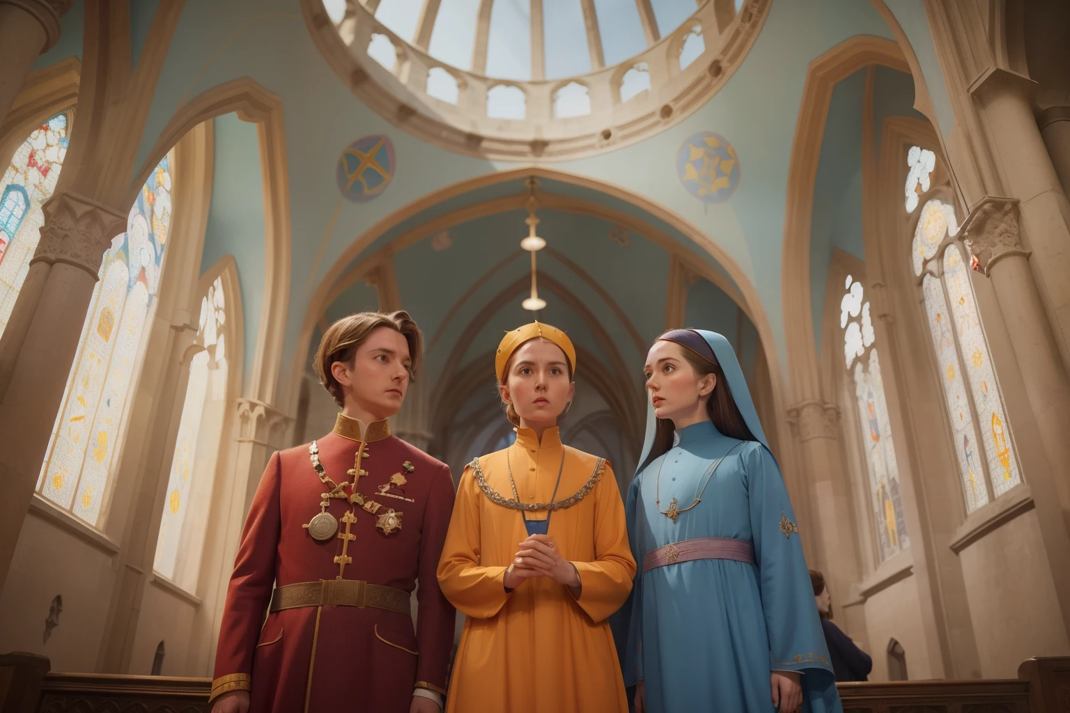 1136, England. scene with an otherworldly cathedral, guests with long colorful tunics look up at the dome in awe, ((((clothing from the 12th century)))), ((Hairstyle of the 12th century)), ((Wes Anderson cinematic style)), colorful