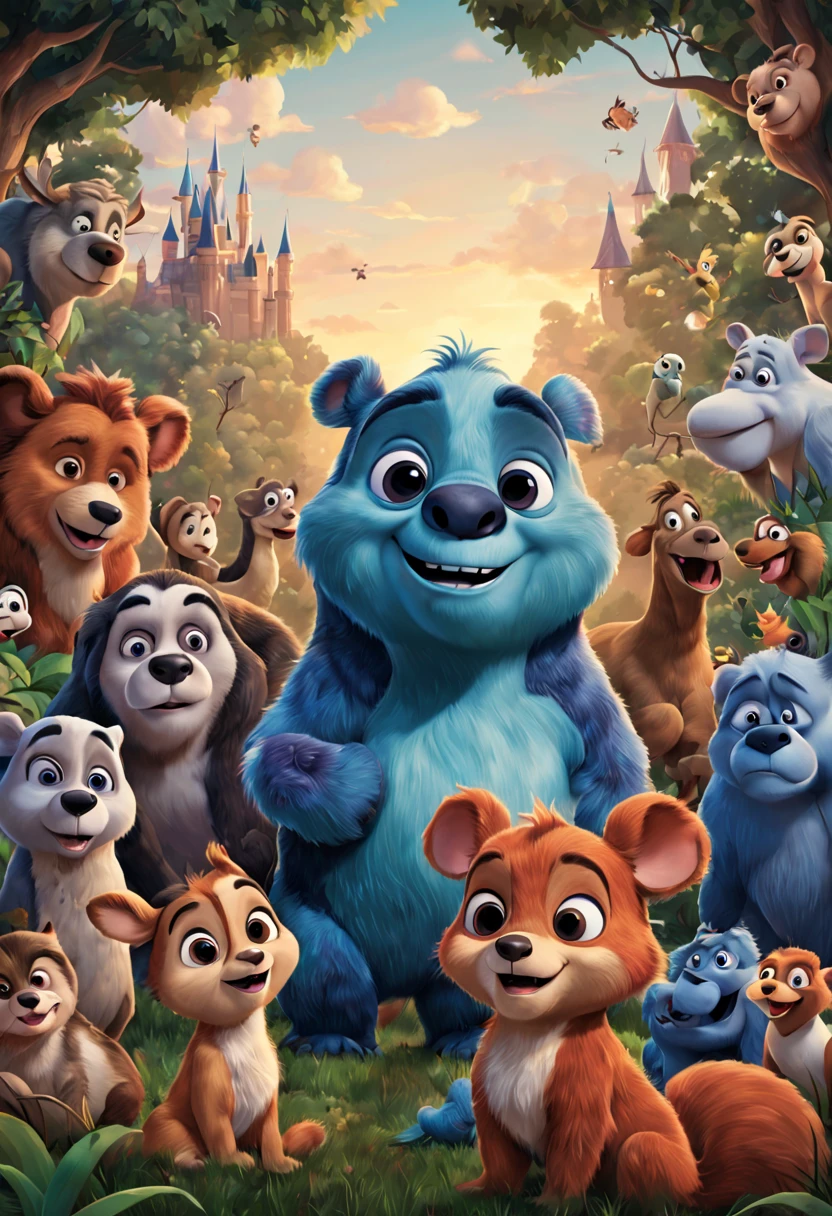 A cute cover art, Disney Pixar style, with animals in the background, line art to color, drawings for children,8k