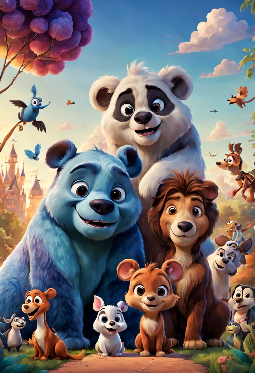 A cute cover art, Disney Pixar style, with animals in the background, line art to color, drawings for children,8k