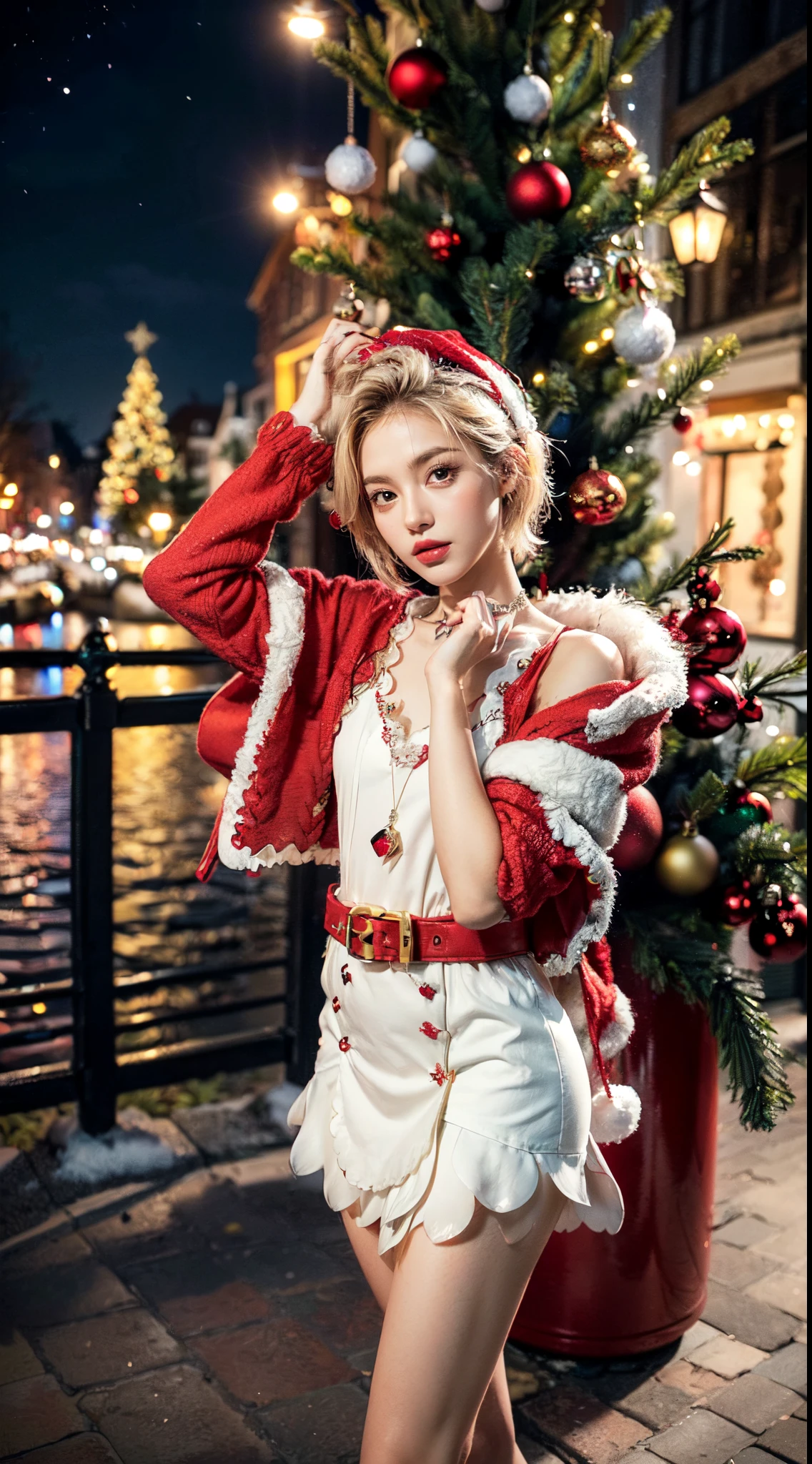 (Ultra-detailed eyes), (((textile shading))), (((Best Quality))), (((masutepiece))), (((Ultra-detailed CG))), sassy girl, (((magical girl))), (Petite), (tiny chest), blonde hair, blonde hair, blonde hair, pin up emo, ((short hair, short hair, gorgeous hair)), Pink eyes, (((christmas Dress, red and white faux fur trim carduroy jacket, y2k, scallop skirt))), ((striking a pose)), (((Game CG)) (gorgeous, sassy, it girl), fancy jewelry, sparkling sky, Amsterdam Light Festival, christmas vibe, light christmas, christmas tree, strong Amsterdam Light Festival atmosphere, cowboy shot, midshot, centered image, eye on camera, night