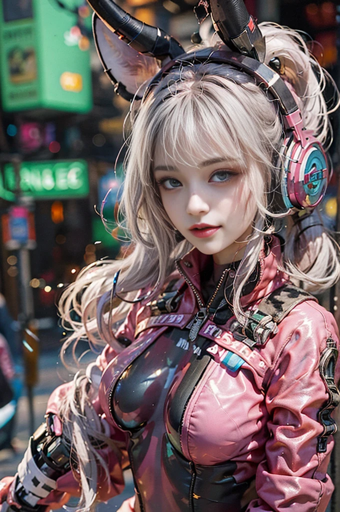 (RAW photogr, Best quality at best, tmasterpiece:1.2), (actual, realistically:1.4),(tmasterpiece:1.4),(Best quality at best:1.4),1 plump girl, Alone, :d, Animal ear headphones, raise both arms, through bangs, face flushed, tightsuit, mediuml breasts, rabbit pose, Clothes writing, Cover the navel, cow boy shooting, Cropped jacket, mitts, (((Cyberpunk city street background))), hair intakes, Earphone, impossible bodysuit, Impossible clothes, jaket, Large breasts, latex, Latex onesies, Long gray hair, longer sleeves, looking at viewert, Large breasts, Multicolored gloves, with her mouth open, Pink jumpsuit, a pink eyes, Red top, shinning clothes, shrug \(Clothes are\), side locks, skin tight, ssmile, thigh gap, upper legs, dual horsetail, Very long hair, whitegloves, White hair,alice \(Nikke\),(Skin glows),actual.