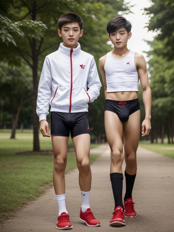  teenagers , very young , light-skin , wearing an dark red sexy underwear, tmasterpiece，k hd，the feet，Transparent sports vest，semi transparent，black long socks，The barefoot , red colour , handsome and cute , extreme cute boy , white skin , dark red underwear boxers shorts , extremely tall and cute boy ,oppa model , handsome model , full body , dark red boxers underwears short shorts , black socks , white light-skin , Chinese model , young boy , white skin , handsome and extremely cute , red boxers underwear shorts , long black socks , handsome model , at the park , jogging , model oppa , long legs , jogging , running , high knee black socks ,black  long socks , stand up , extremely tall , extremely high , red underwears , red sports underwear , long black socks , clean and white legs , Chinese model , extremely long legs , looking at the camera , clean and white thigh , huge bulge , kid face , b , wearing red underwears boxers , light and white skin , red undies , two different height boy , height gap , out grown , towering boy and shorty boy , growth spurt , towering boy , very very very tall boy beside very very very short boy