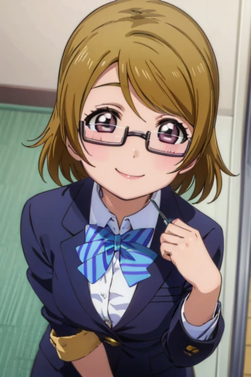 (((pixel perfect, Detail Perfect))), Solo, 1girl in, Hanayo Koizumi, School uniform, Looking at Viewer, Smile，eye glasses