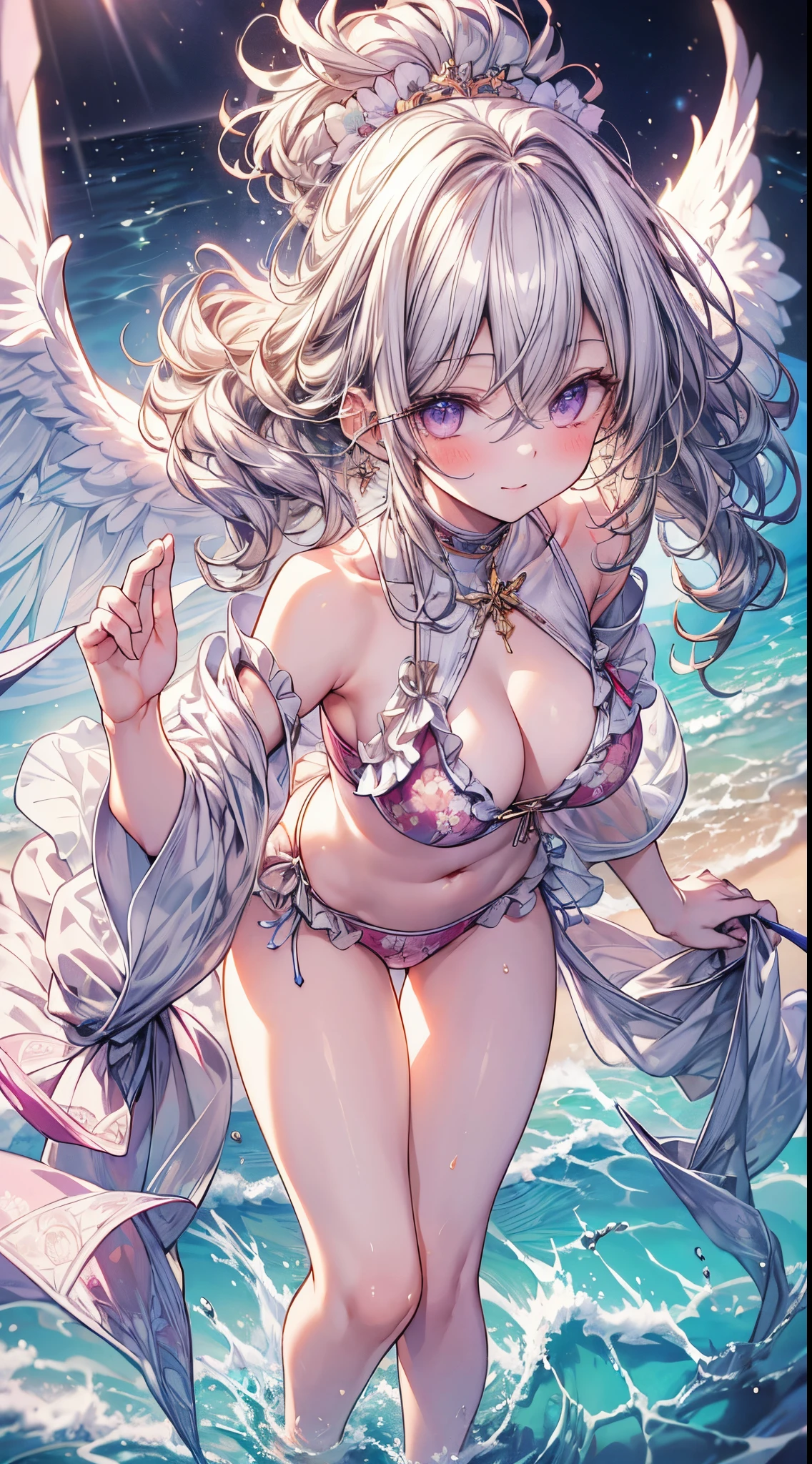 (​masterpiece、top-quality、,8K),(extremely detailed CG1.1),1 girl,(close range:1.4),(short silvery curly hair:1.2),Pink eyes、Smile,(Floral ruffled bikini:1.3),large boob,Beautiful skins、Detailed eyes、(long lashes),(abdominals:1.2),Beach,(From above:1.2),dynamic angle ,dynamic pose,Summer light,Intricate details , (Hyper realistic:1.3),Perfect Anatomy