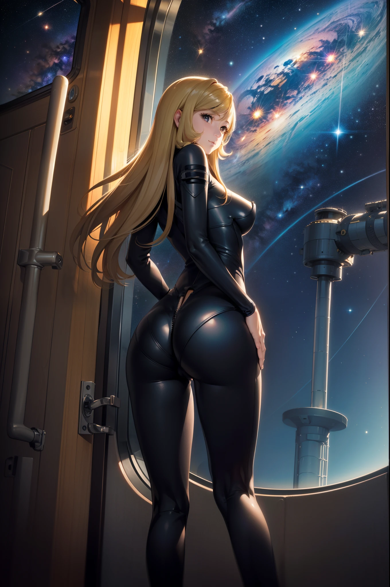 (masterpiece, best quality:1.2), (cowboy shot:1.1), solo, 1girl, mori yuki, slight smile, closed mouth, looking at viewer, blonde hair, thigh gap, (unzipped bodysuit:1.5), slight smile, leaning forward, side view, yellow bodysuit, skin tight, belt, large window, (starship porthole:1.3), from front, (spread legs:1.3), (standing:1.1), starship interior, (outer space view:1.1), (orbital view:1.3), (night, stary sky:1.5), milky way
