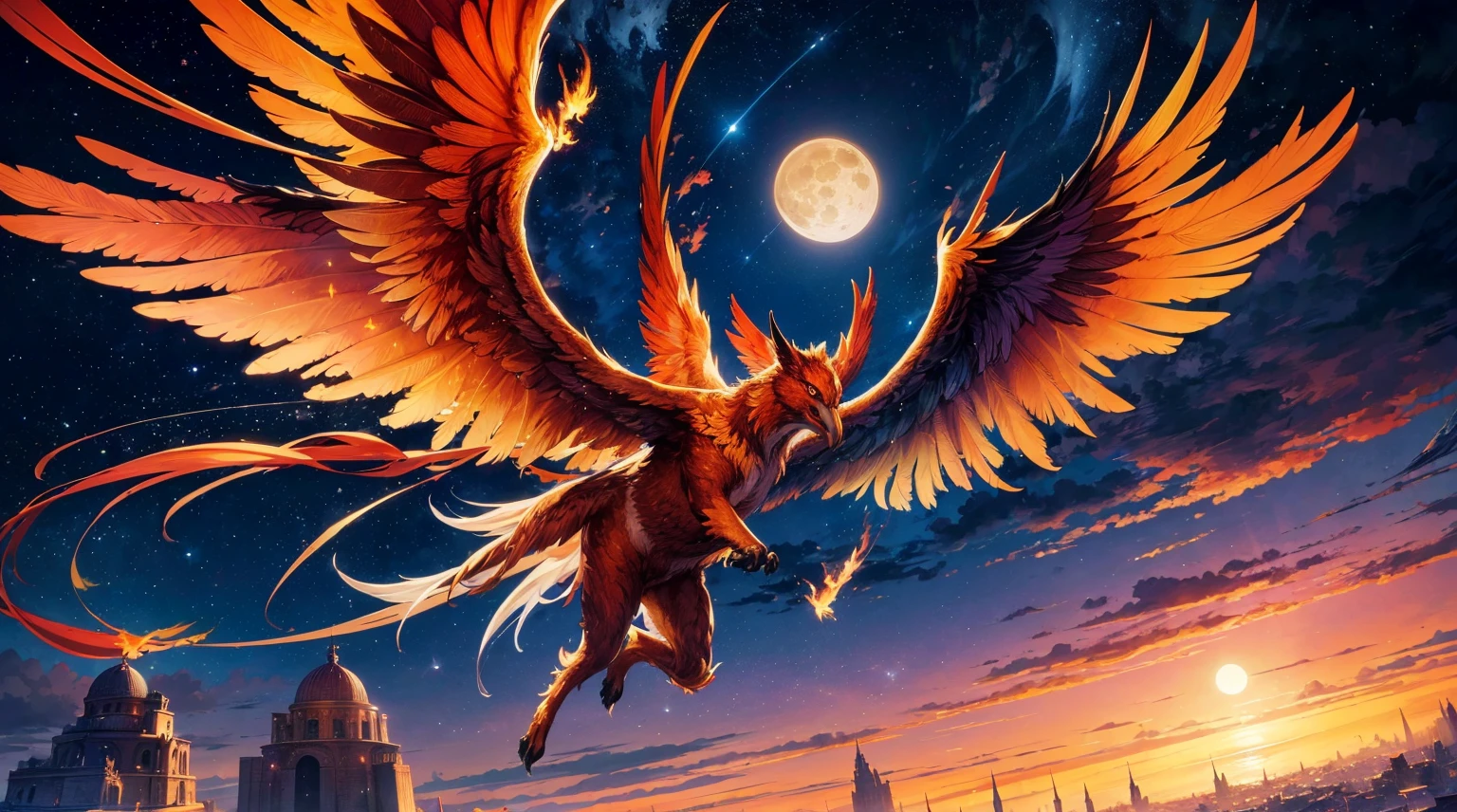 (top quality picture,masterpiece level,high-level image quality),phoenix flying in the sky,beautiful night sky and full moon,Fantasy creatures,Legendary creatures,