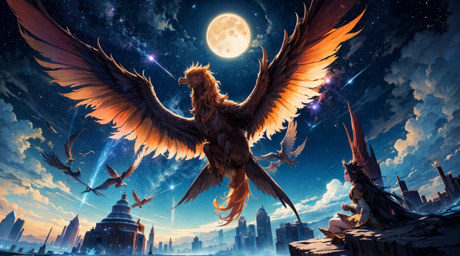 (top quality picture,masterpiece level,high-level image quality),phoenix flying in the sky,beautiful night sky and full moon,Fantasy creatures,Legendary creatures,