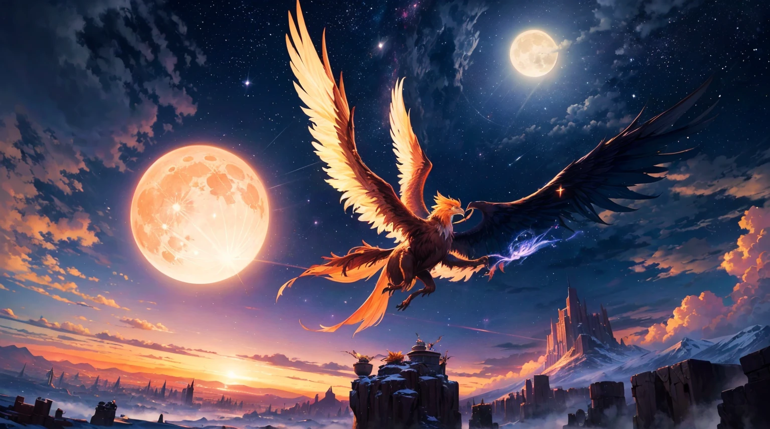 (top quality picture,masterpiece level,high-level image quality),phoenix flying in the sky,beautiful night sky and full moon,Fantasy creatures,Legendary creatures,