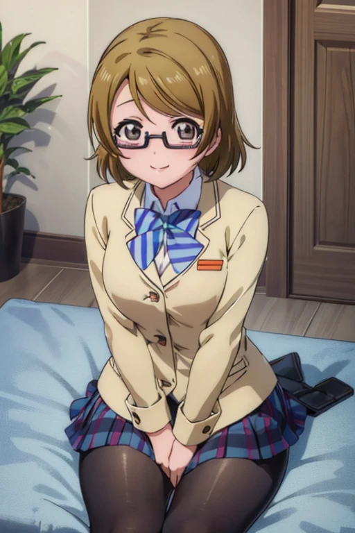 (((pixel perfect, Detail Perfect))), Solo, 1girl in, Hanayo Koizumi, School uniform, Looking at Viewer, Smile，eye glasses，Black pantyhose