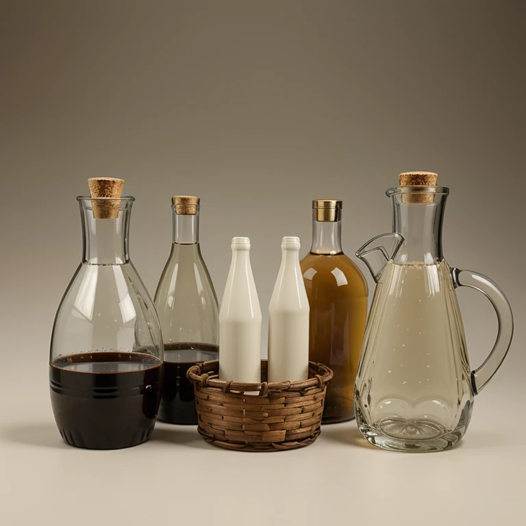 Five different vessels and bottles in front of a neutral background