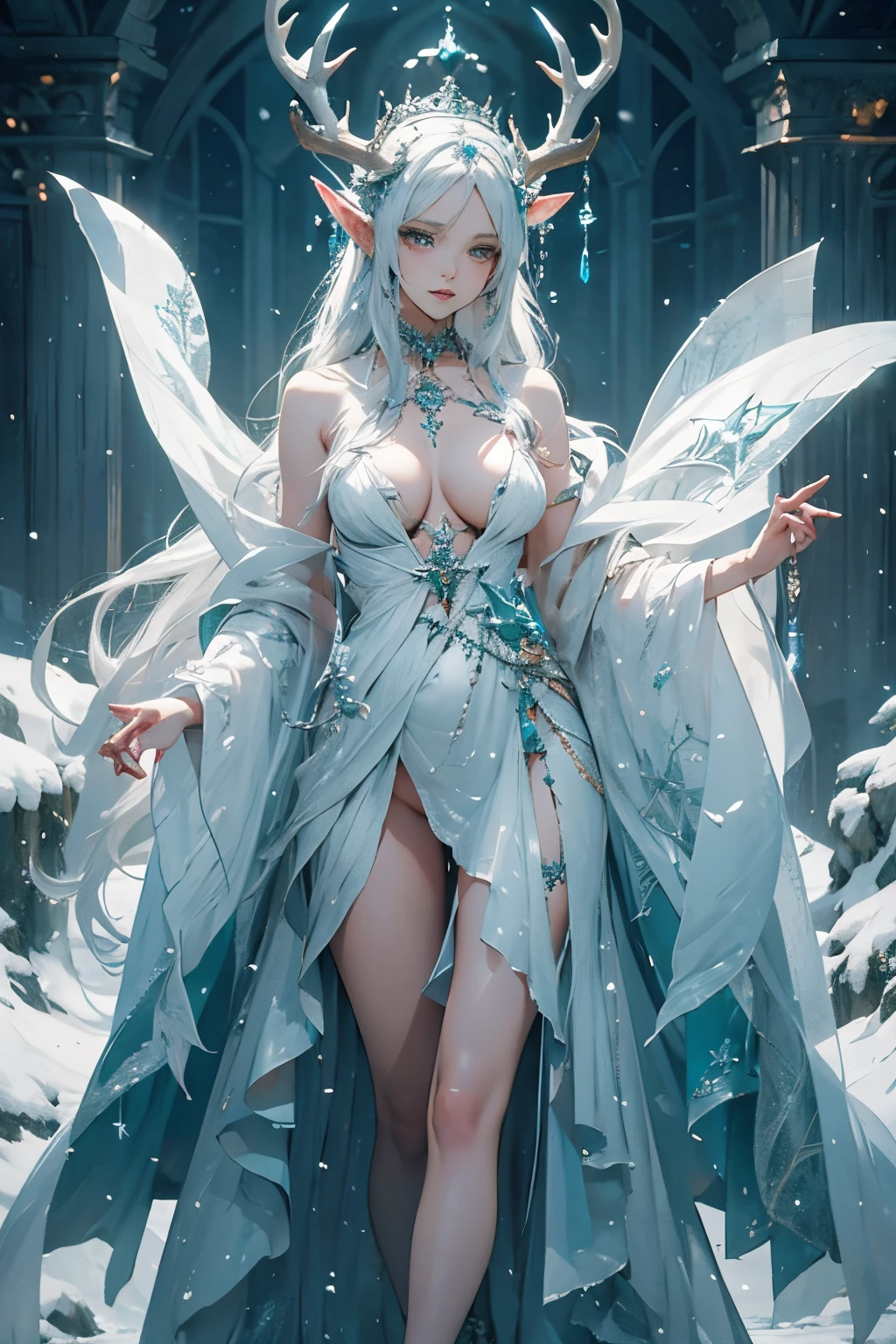 Beautiful alluring female snow elf, Pale Glowing Skin, silver crown with antlers, crown with deer horns, blue Lips, white fur cape, ornate clothes, silver jewellry, Bare Skin, Athletic Well Toned Body, Elegant Form, On An Altar at a snowy forest, Godrays, Gothic Theme, fiarytale theme, Beautiful D&D Character Portrait, Fiverr Dnd Character, Octane Render, Digital Art, Extreme Detail, 4k, Ultra Hd, Polished, Beautiful, Hyperdetailed, Intricate, Elaborate, Meticulous, Photorealistic, Sharp Focus, Wlop, Character Design, Unreal Engine, 3d Rendered, Volumetric Lighting, Reflections, Glossy, Digital Illustration,Sensual Pose, Suggestive Pose, Full Body Shot, Lewd, naked, visible nipples, puffy vagina, anatomically correct 💖❤💕💋❣