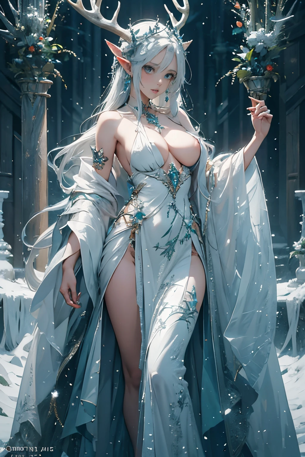 Beautiful alluring female snow elf, Pale Glowing Skin, silver crown with antlers, crown with deer horns, blue Lips, white fur cape, ornate clothes, silver jewellry, Bare Skin, Athletic Well Toned Body, Elegant Form, On An Altar at a snowy forest, Godrays, Gothic Theme, fiarytale theme, Beautiful D&D Character Portrait, Fiverr Dnd Character, Octane Render, Digital Art, Extreme Detail, 4k, Ultra Hd, Polished, Beautiful, Hyperdetailed, Intricate, Elaborate, Meticulous, Photorealistic, Sharp Focus, Wlop, Character Design, Unreal Engine, 3d Rendered, Volumetric Lighting, Reflections, Glossy, Digital Illustration,Sensual Pose, Suggestive Pose, Full Body Shot, Lewd, naked, visible nipples, puffy vagina, anatomically correct 💖❤💕💋❣