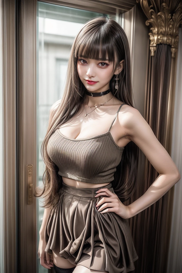 (((((()))))),17 agee,(((Blngs, princess bangs))), (((Very heavy,very voluminous bangs:1.1))),(((Very long, Very heavy,Very voluminous side locks:1.1))),, hime-cut, Hairstyle with straight bangs, Round face with dull bangs, dull with long hair、Bangs are cut straight,(masterpiece, high quality:1.1), cinematic lighting, extremely detailed,
MarikaMamiya, solo, standing, hands on hips, cowboy shot,
looking at viewer, determined, blush, smile,
green hair, long hair, hair bow, brown eyes, necklace, choker,
sleeveless short dress, miniskirt, center opening, criss-cross halter, bra, detached sleeves, white thighhighs,
large breasts, cleavage,
luxury room, mansion, windows, sky,
Huge, breasts,
on floor,