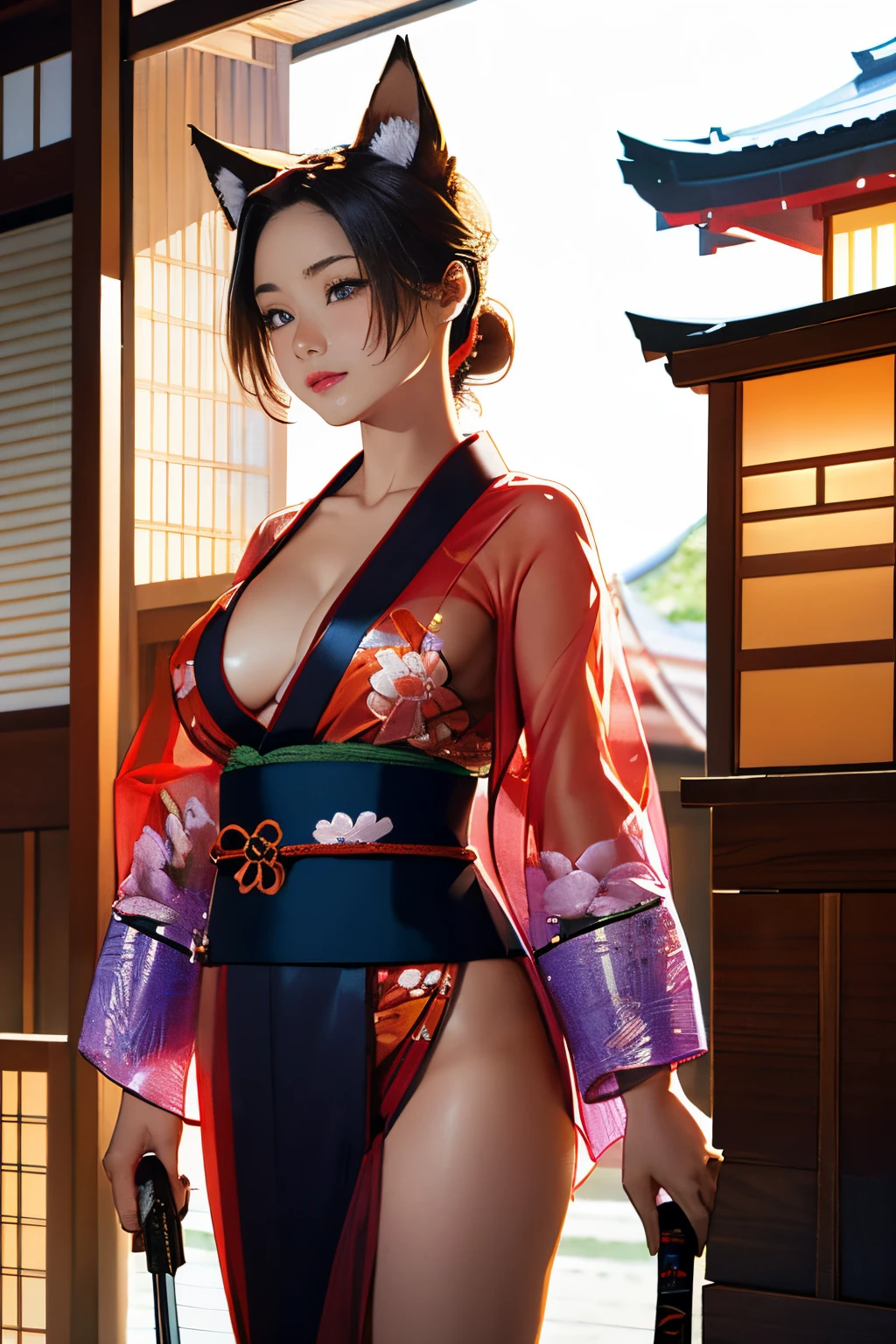 (((Looking away:1))), ((Look at another one:1)), fox incarnation、Sexy Female Warrior、Japan Yokai、Sexy fox female warrior with a Japanese sword、Fox ears、A figure holding a beautiful sword、(transparent kimono)、(Show off by wearing Japanese revealing clothes), nipples through, see-through japanese nightgowns,