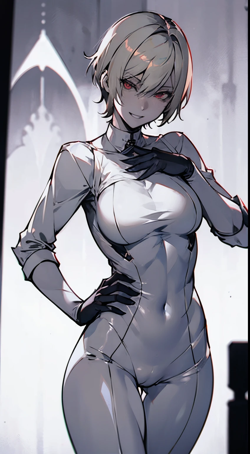 Possessed Sherry Birkin, Short blonde hair, fair skin, red eyes, evil grin, dark horror ambience, happy, admiring looks, pressing breast together, slender body, in a laboratory, wearing white skintight suit