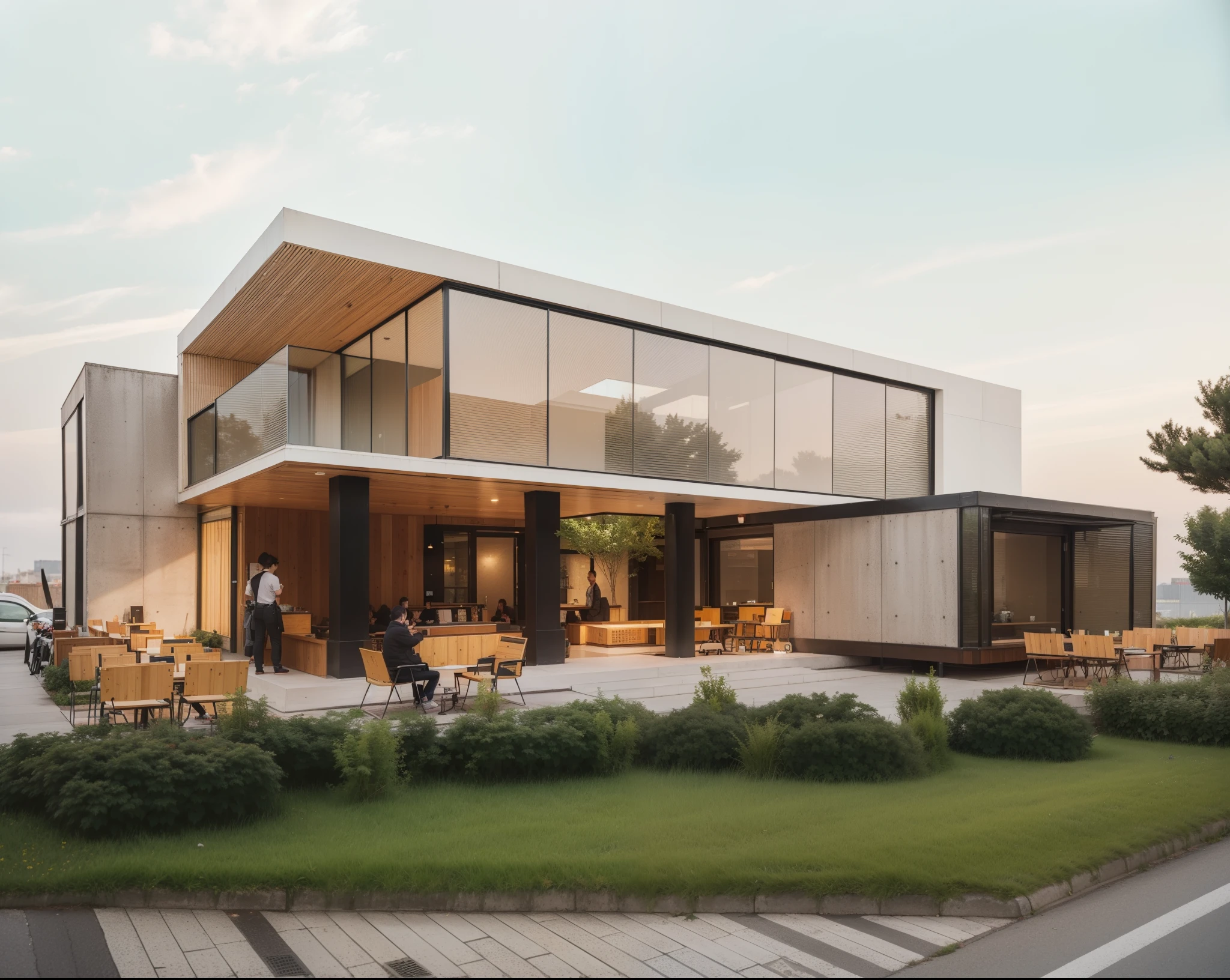 (((tmasterpiece))),((Best quality at best)),Award-winning architectural exterior design,building exterior,((cafe shop)),cafe shop,Commercial café,glass,cementitious , aluminium,Asphalt pavement,grassy fields, Ray traching, The content is very detailed,hyper realisitc,Hyper Real