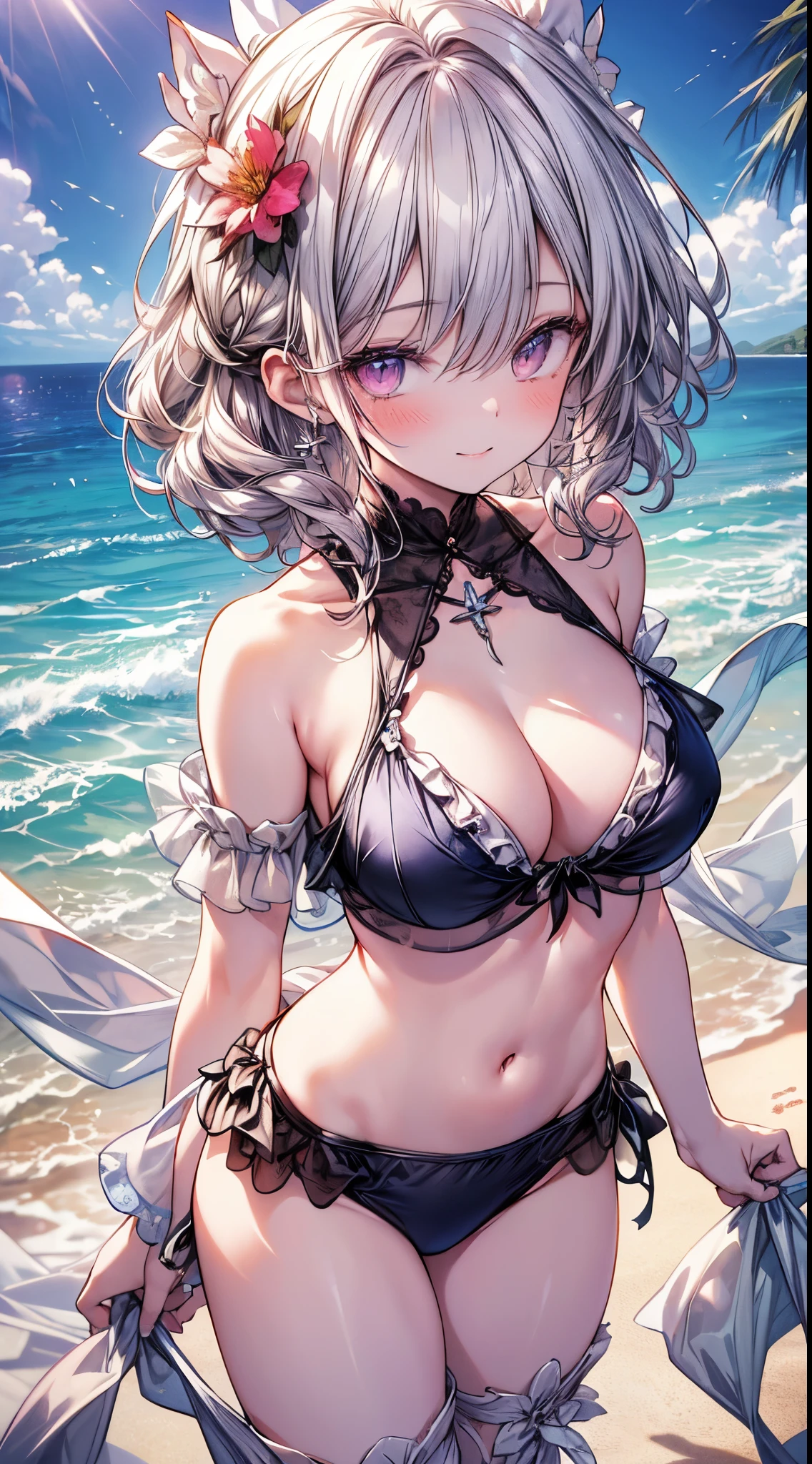 (masterpiece、top-quality、,8K),(extremely detailed CG1.1),1 girl,(close range:1.4),(short silvery curly hair:1.2),Pink eyes、Smile,(Floral ruffled bikini:1.3),large boob,Beautiful skins、Detailed eyes、(long lashes),(abdominals:1.2),Beach,(From above:1.2),dynamic angle ,dynamic pose,Summer light,Intricate details , (Hyper realistic:1.3),Perfect Anatomy