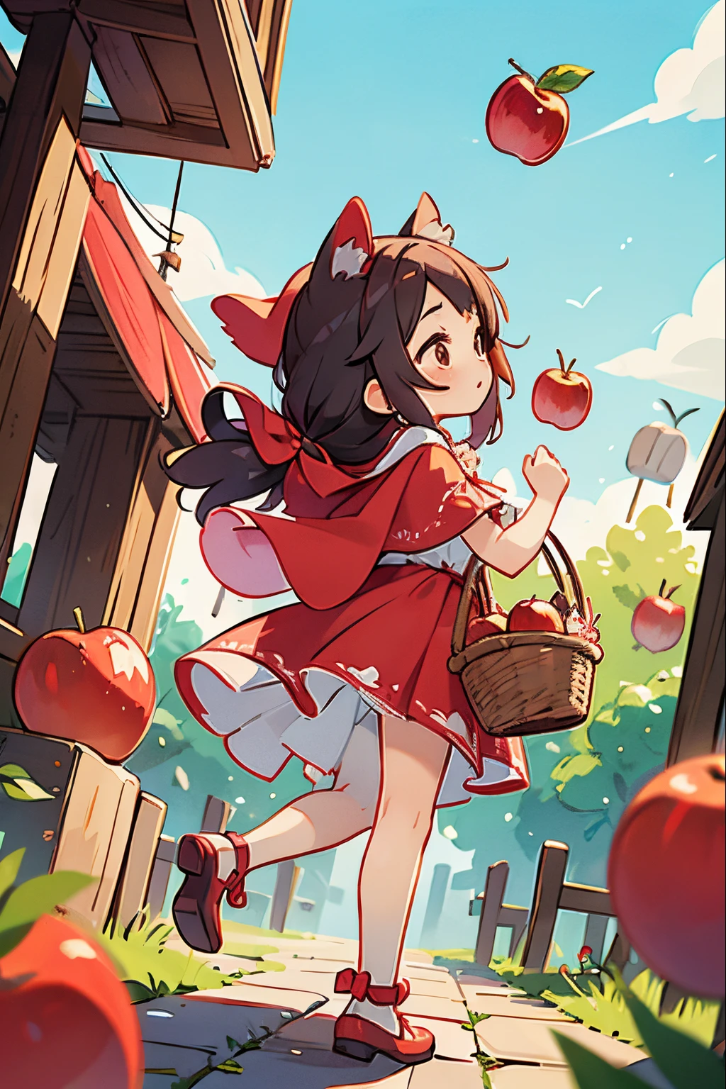 Girl dressed up for adventure、dress up as little red riding hood、Go belly up、Walking while humming a song、Looks fun、There's a basket of apple pies、Take a low angle photo from the side