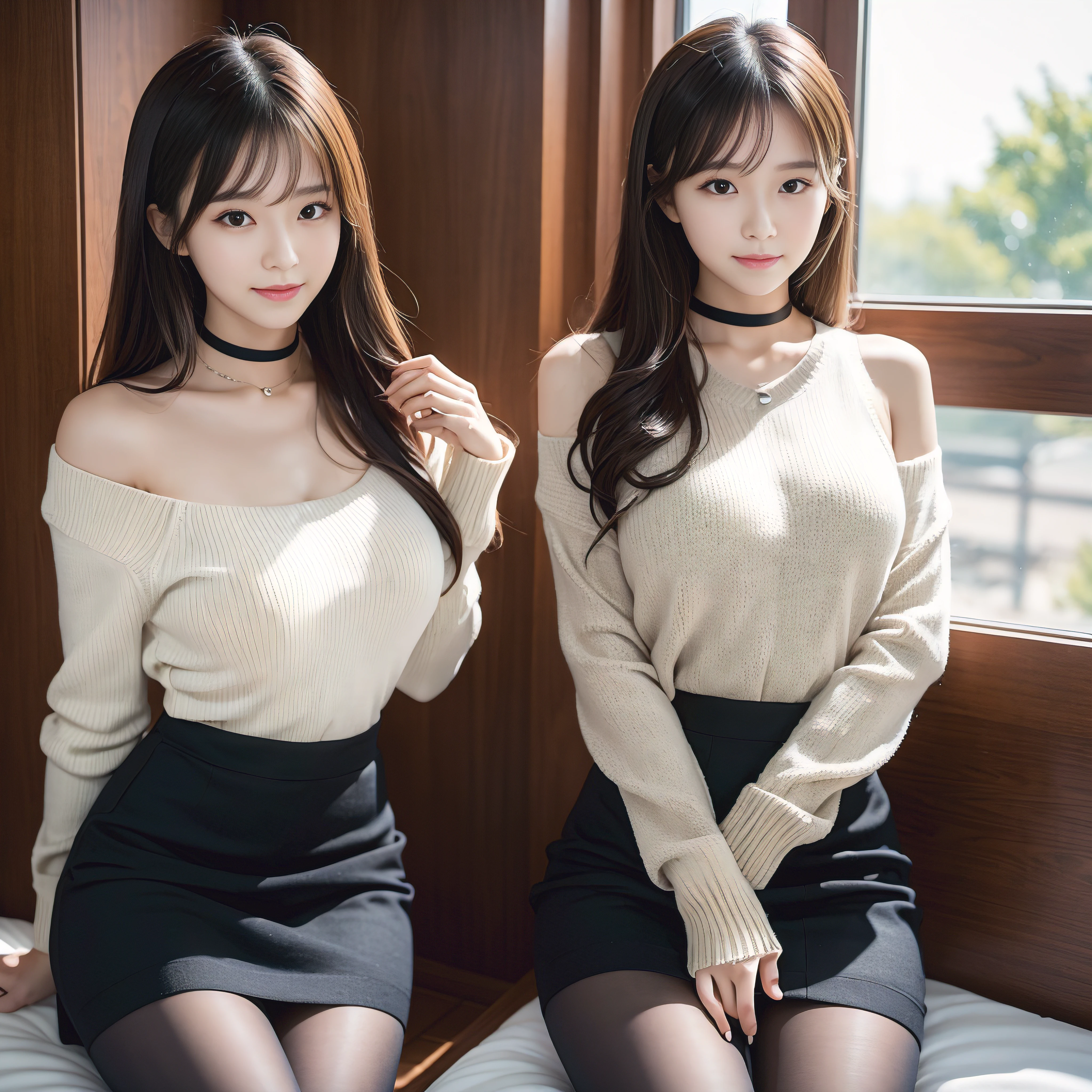 8K UHD, digital SLR camera, filmgrain, FUJI XT3,(best qualtiy:1.3), (tmasterpiece:1.1), A high resolution, cinematric light, Complicated details, (realisticlying), takeout, Beautiful outside, and the sun was shining brightly,
Korean girls,(In the café:1.5) , dimple, long whitr hair,looking at viewert, Detailed trees, ribbons, neck bowtie, exposed bare shoulders, ribbed sweater,
pencil skirts,high waist skirt,head rest,sitted,inside in room,
choker necklace,black pantyhoses,Bed linen transport sweater,(ssmile),(full bodyesbian:1.6),Slender,