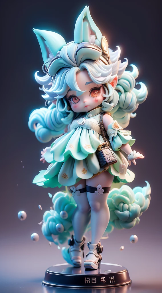 Blind box style，1 plump girl, Full body standing painting, 独奏, fox ear, fox tails, Gorgeous white dress, Ali, Civet League of Legends,