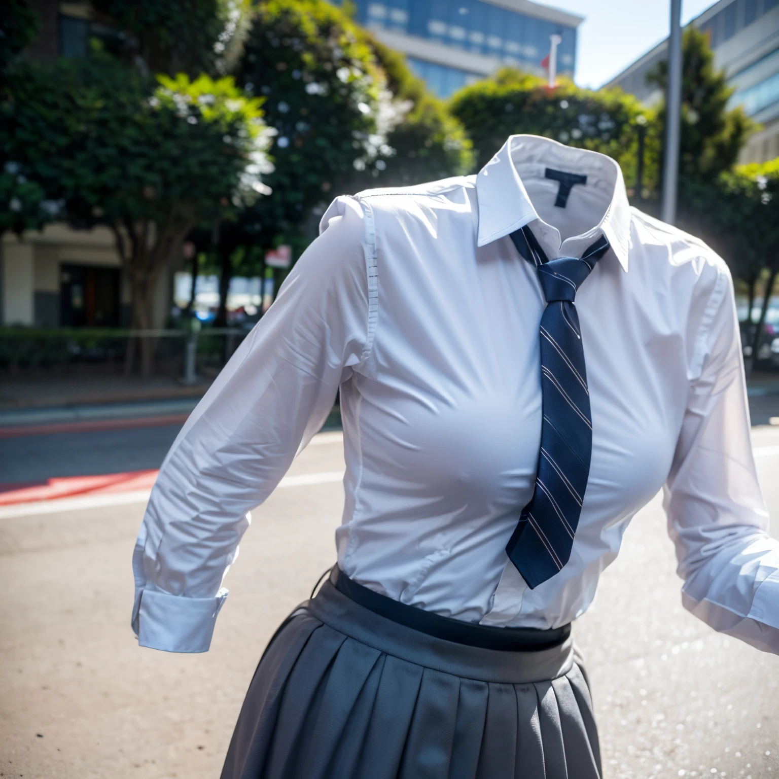 (chubby, fat), Armpits, long sleeve, white shirts, blue stripe tie, dark grey skirt, school tie, (cute pose), (invisible, no humans, headless, faceless:1.5), (cute big breasts), (close-up shot of breasts), photon mapping, radiosity physically-based rendering