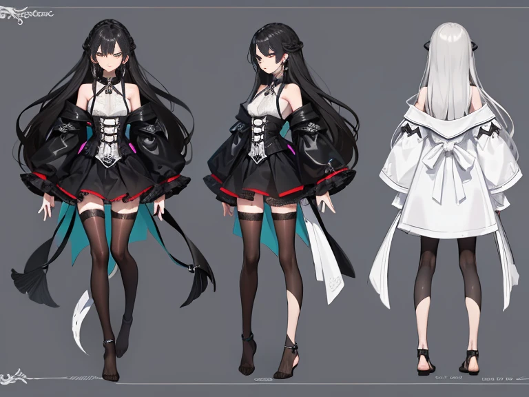 Long black hair,Slender stature,Laces twisted braids,Long hair,small face,emaciated,emaciated,ah high,Adoly,Legs are very slender,The best quality at its best,tmasterpiece,epic exquisite character art, Amazing characters,Modern trending theme,character design(reference sheet:1.5),Blacken clothes,black lence stockings,bare footed