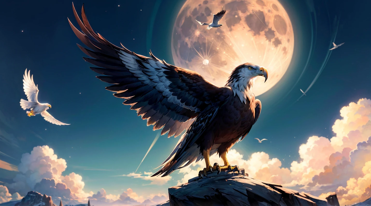 (top quality picture,masterpiece level,high-level image quality),Flying Eagle,beautiful night sky and full moon,bird eagle,creatures,Tiere,