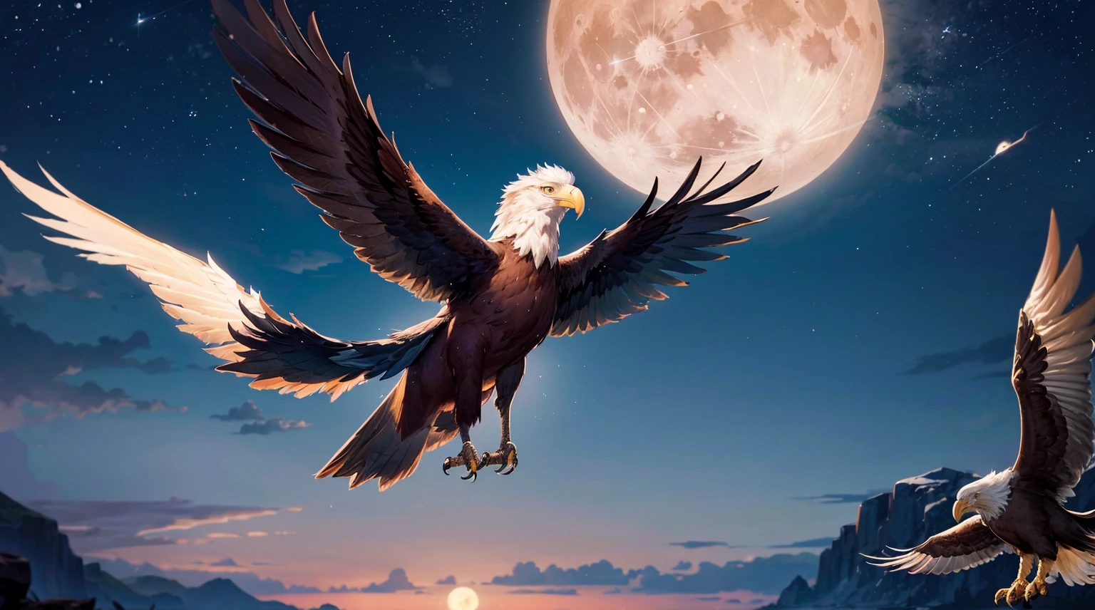(top quality picture,masterpiece level,high-level image quality),Flying Eagle,beautiful night sky and full moon,bird eagle,creatures,Tiere,