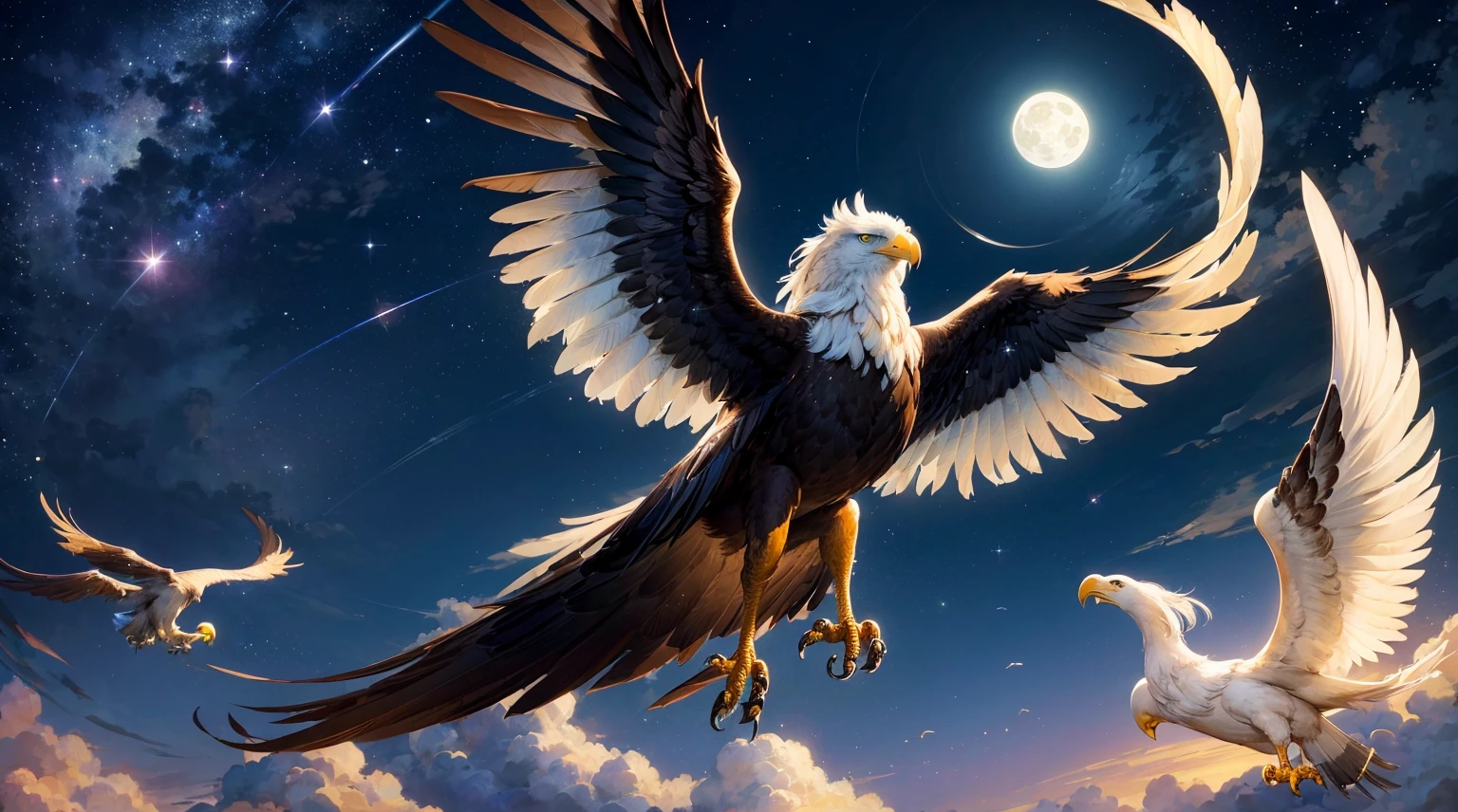 (top quality picture,masterpiece level,high-level image quality),Flying Eagle,beautiful night sky and full moon,bird eagle,creatures,Tiere,