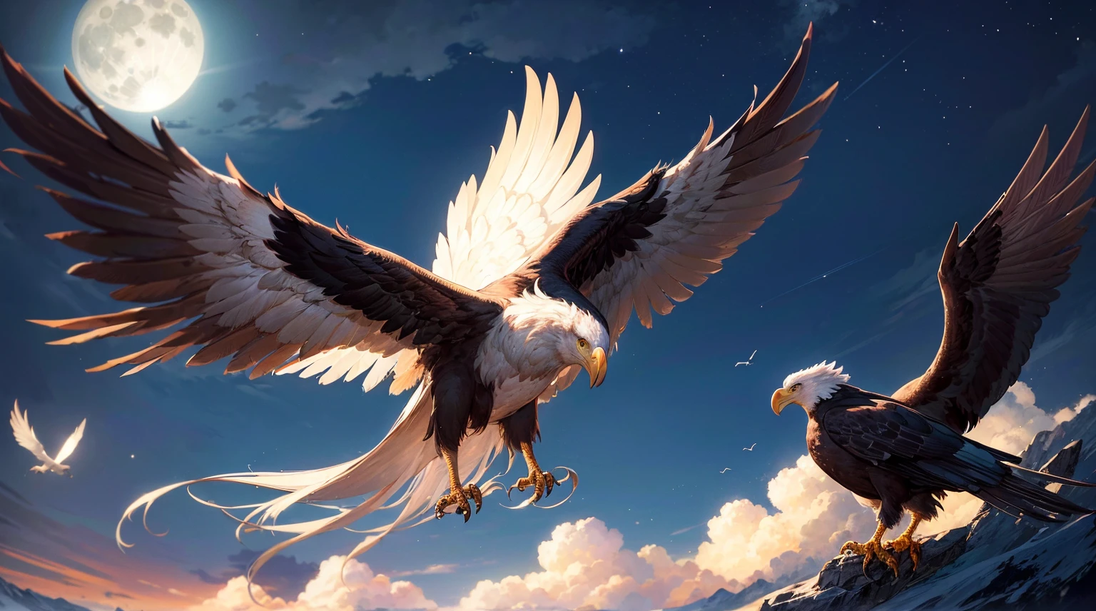 (top quality picture,masterpiece level,high-level image quality),Flying Eagle,beautiful night sky and full moon,bird eagle,creatures,Tiere,