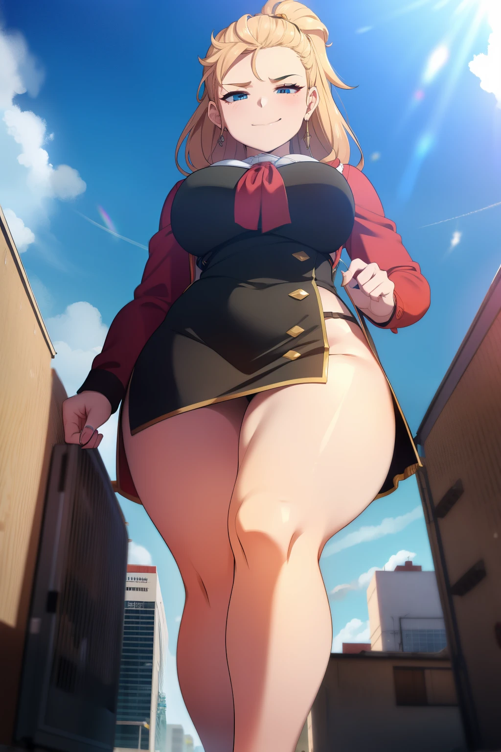 GTS, giantess, curvy, busty, smirk, evil, thick thighs, walking, stepping down