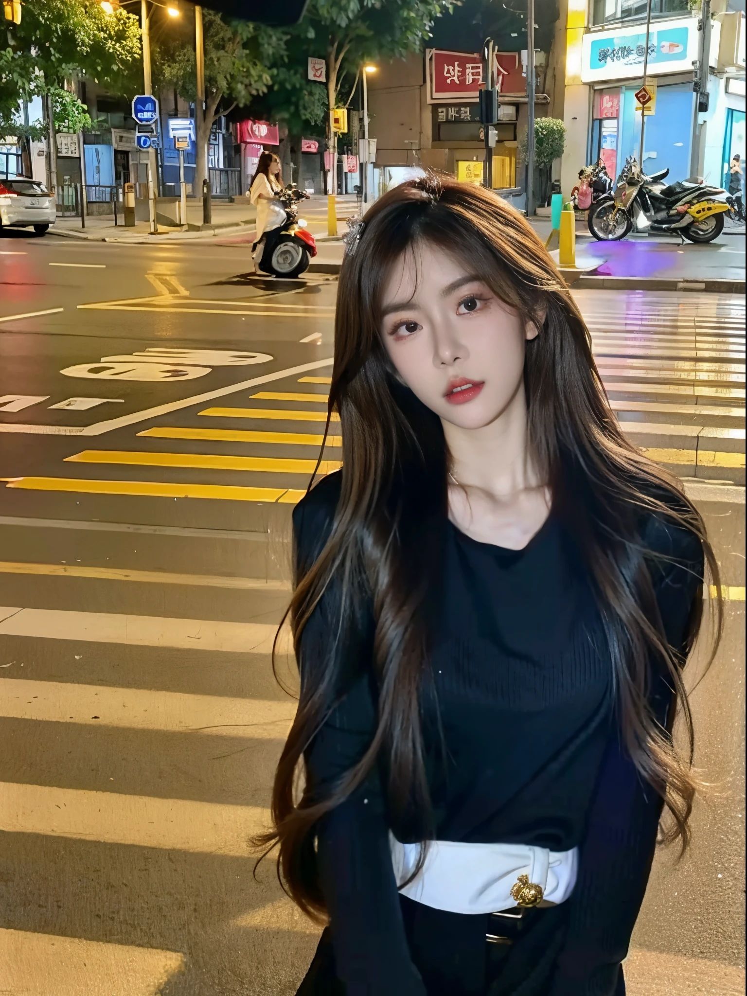 There was a woman standing on the street corner at night, Bae Xiuzhi, long whitr hair, Asian girl with long hair, Wear it for a long time, Flowing clothes, gorgeous young korean woman, Korean girls, beautiful Korean women, beautiful young korean woman, long hair and eyes, Ziyu was born twice, lofi girl aesthetic, Urzans, young asian girl