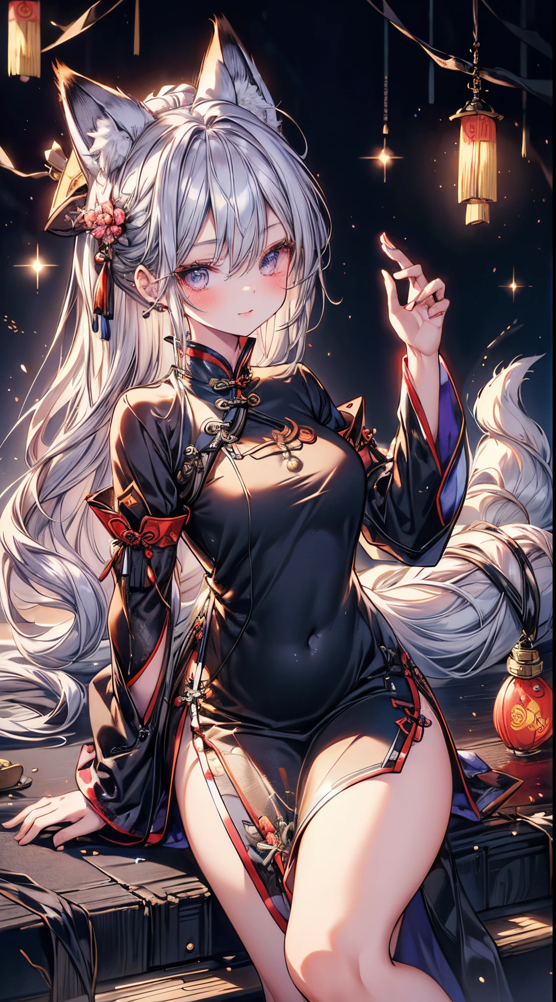 (masterpiece、best quality、8K ),insanely detailes,ancient Chinese theme,1 cute li girl,innocent smile ,(silver hair:1.2),((fox ear:1.3)),Long ponytail,(qipao dress:1.3),thighs ,long eyelashes,(Beautiful and detailed eyes),Glossy lips,Sunlight,arm up,amazing,Hyper realistic,Perfect Anatomy perfect 5 fingers, super fine illustration