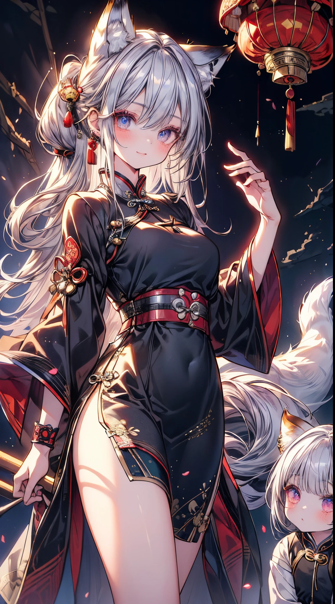 (masterpiece、best quality、8K ),insanely detailes,ancient Chinese theme,1 cute loli girl,innocent smile ,(silver hair:1.2),((fox ear:1.3)),Long ponytail,(qipao dress:1.3),thighs ,long eyelashes,(Beautiful and detailed eyes),Glossy lips,Sunlight,arm up,amazing,Hyper realistic,Perfect Anatomy perfect 5 fingers, super fine illustration