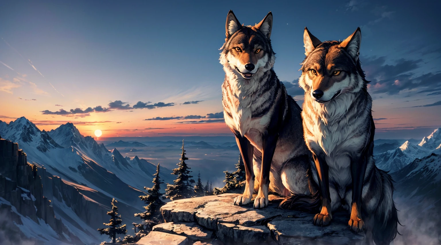 (top quality picture,masterpiece level,high-level image quality),coyote(One wolf,Super cool,Realistic coat),Howling at the top of the cliff,Rin on all fours々Stand up,beautiful night sky and full moon、Tiere,creatures,