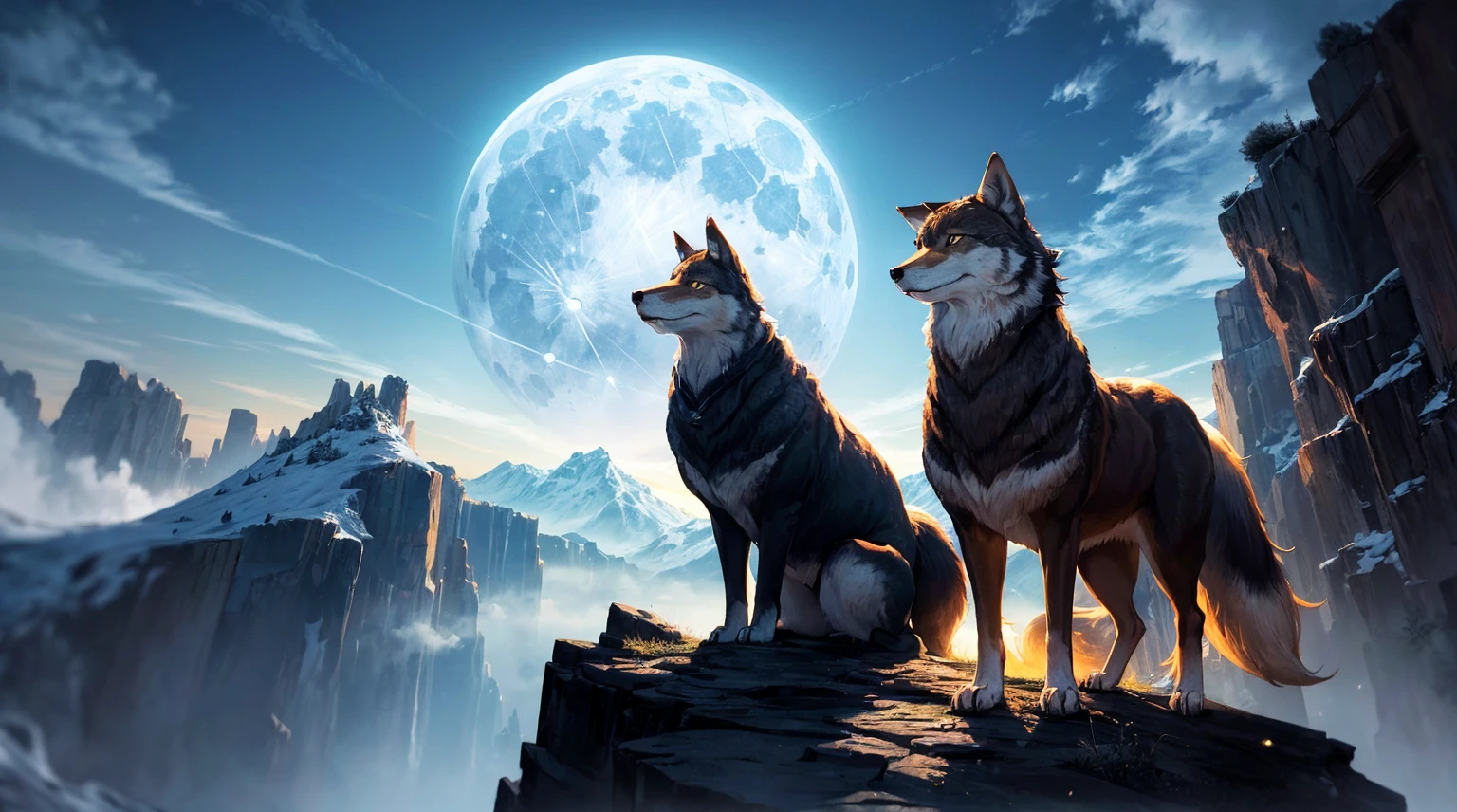(top quality picture,masterpiece level,high-level image quality),coyote(One wolf,Super cool,Realistic coat),Howling at the top of the cliff,Rin on all fours々Stand up,beautiful night sky and full moon、Tiere,creatures,