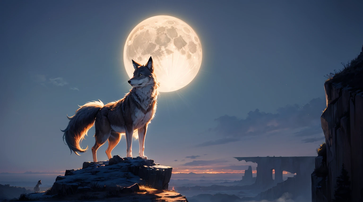 (top quality picture,masterpiece level,high-level image quality),coyote(One wolf,Super cool,Realistic coat),Howling at the top of the cliff,Rin on all fours々Stand up,beautiful night sky and full moon、Tiere,creatures,