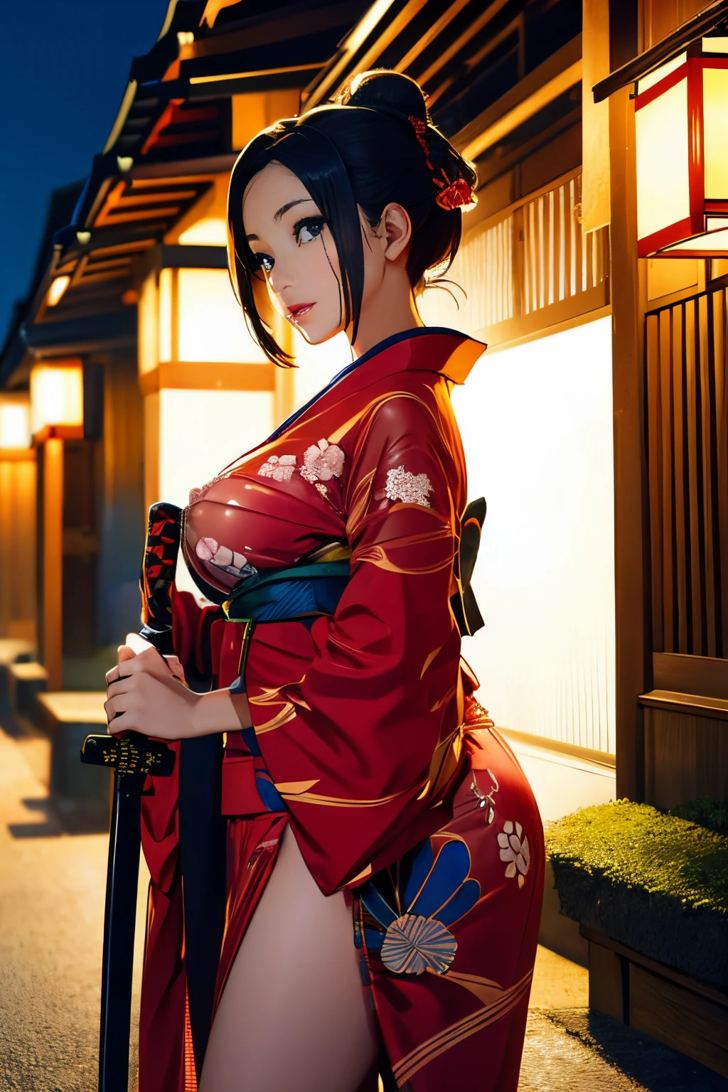 Hot naked woman in a kimono with GIANT  and out in a Japanese house during night