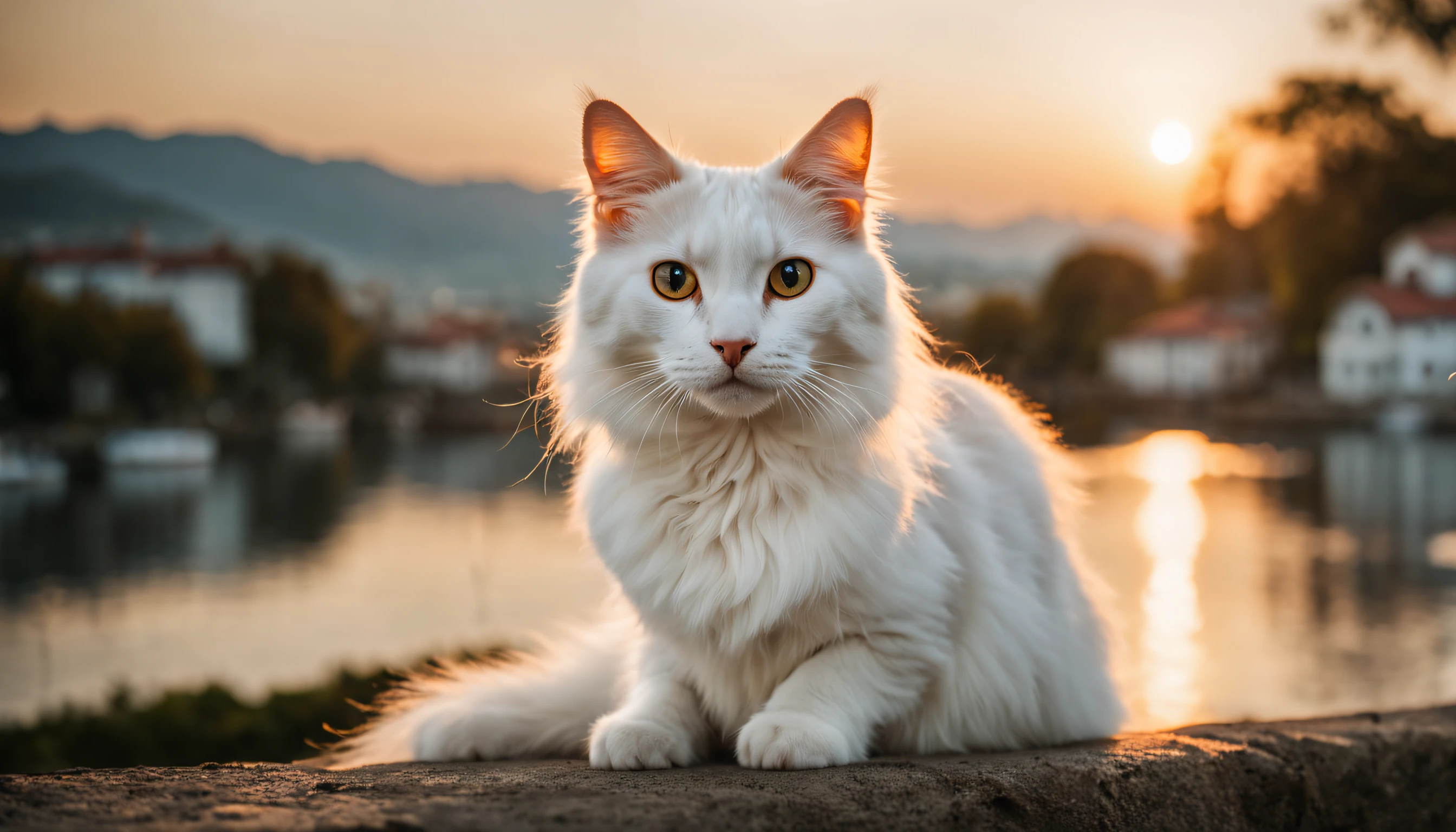 Balancing Turkish Van Cat Cashmere Film Photos, at sunrise, bokeh, the rule of thirds, Local art, F/5, Kodak Acta . 35 mm photo, 电影灯光, bokeh, professional, 4K, The content is very detailed