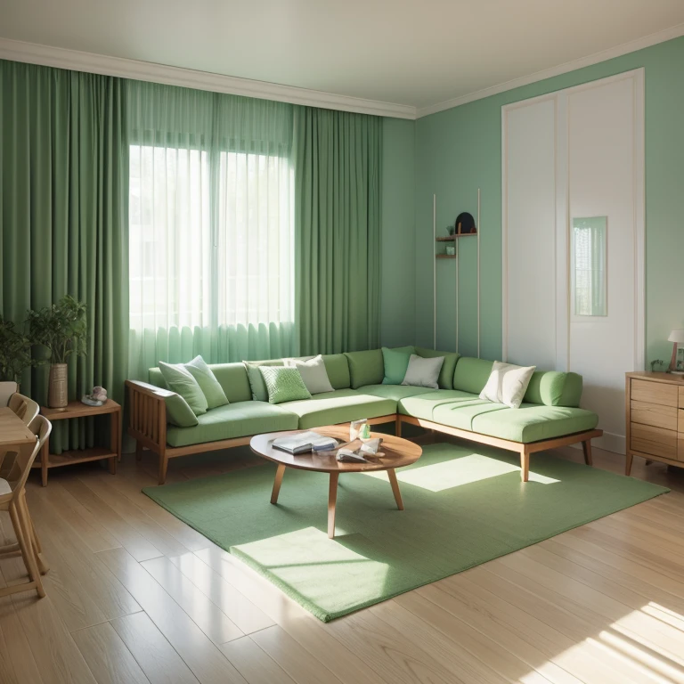 wooden tables, Pictures inspired by Jeonseok Lee,a computer rendering by Julian Allen, CG Social Trends, hentail realism,Family background, Corner room background without splash, Maximalism, soft green natural light, , pastel green, Gradient pastel green, green ambient light, Light green backlight glow, green color、Warm theme, Product background image, soft green light, light green light, 3D product rendering, detailed archviz render, Taking photos of the front view