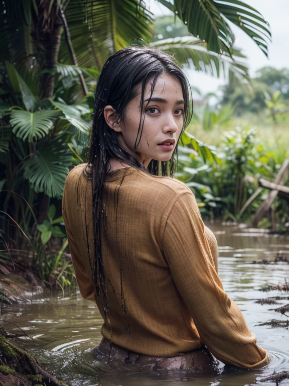 ((top-quality、in 8K、​masterpiece:1.3、Raw photo))、Super high quality photos, tropical jungle、Very beautiful Japan idols, Slim legs, Wear a see-through shirt, My whole body is wet with mud、Hair is also wet, ((lie on your back in the mud)), ((The whole body is covered in mud)), Jungle background, Stick out the tongue, (Photorealistic: 1.4), (hyper realisitic: 1.4), (Realistic: 1.3), (Smooth lighting: 1.05), (Improved film illumination quality: 0. 9), 32K, 1 girl, 20yr old, (Quality Improvement: 1.4), (Realistic skin texture of the highest quality: 1.4), Narrow eyes, Narrow face, Fine eyes, (Strengthens the atmosphere of the body line: 1.1), (Beautiful skin texture enhancement: 1.1), Cinematic lighting、Pouring rain、the whole body is wet、Hair is also wet、(rainy wet、Wet in the rain、Wet body:1.2)、 ((lie on your back in the mud)), ((The whole body is covered in mud)), ((My hair, Face, and the body is covered in mud.)), ((Half-open lips)), ((camel's toe)).