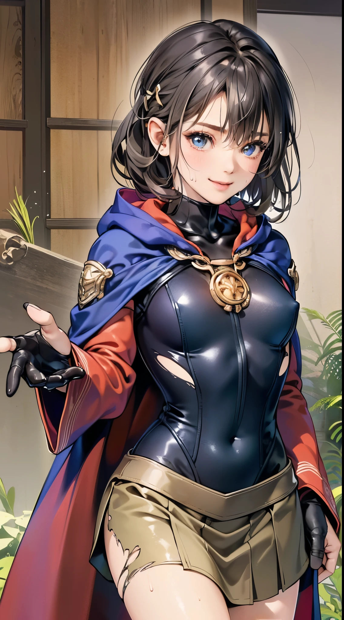 One lady,ar old, ,((())), (()), (())((I'm opening my mouth)),((micro skirt, bodysuit and short cloak))(A smile),Wet with sweat,(A dark-haired,),((Fantasy,natta))((Clothes are torn))