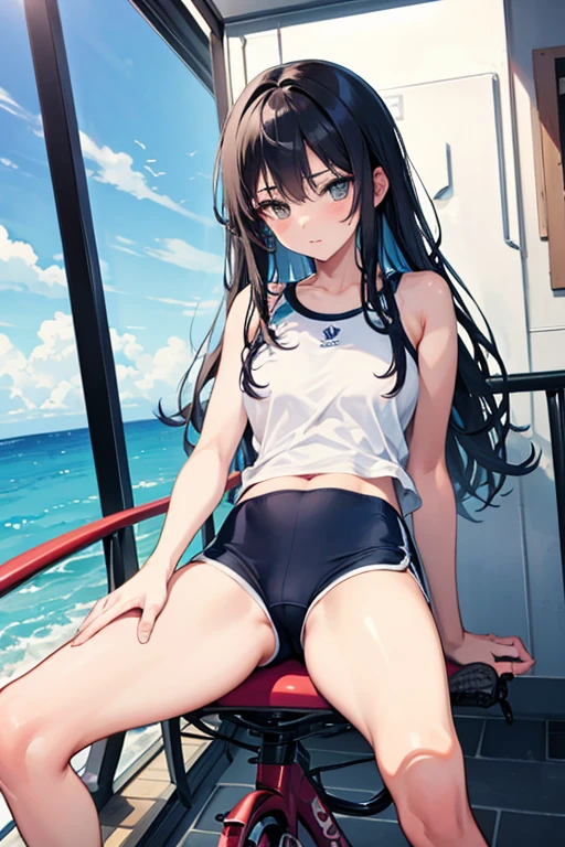 A girl sitting on a bicycle seat, dolphinshorts,